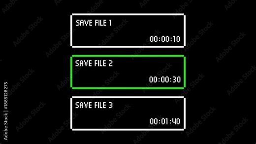 8-bit pixel art game save file load screen. looped animation 4k 30fps