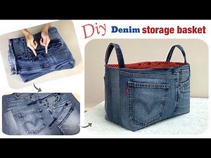 sewing diy a denim storage basket tutorial, diy a denim boxes patterns, old jeans reuse ideas.