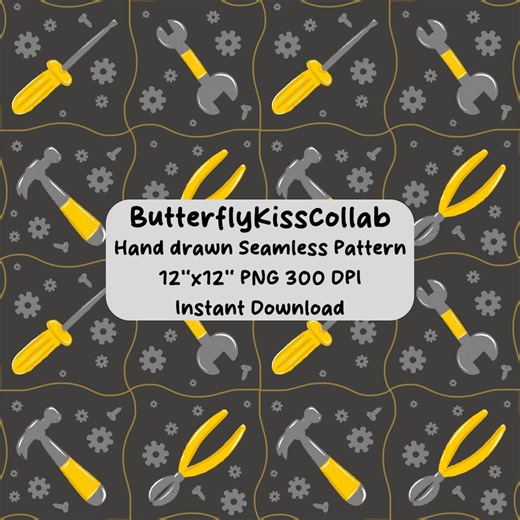 Boys Tools Repeat Pattern | 12x12” Tile Seamless Design | Surface Pattern | Hammer, Screwdriver, Cogs | Printable Digital Download | Crafts