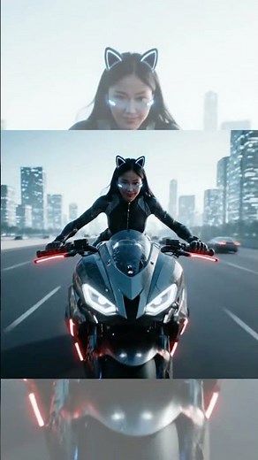 Cyberpunk Warrior Girl Rides a Futuristic Mecha Motorcycle on Neon Highway