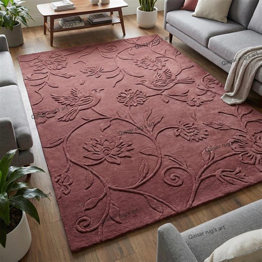 Hand Tufted Floral Bird Wool Area Rug Pink Botanical Living Room Bedroom Modern Carpet - Etsy