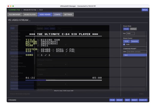 Ultimate64 Manager v0.2.4 - PC Applicazione desktop per il controllo dei dispositivi Ultimate64 e Ultimate-II , appena aggiornata. Il music player è stato completamente ricostruito con supporto completo per le playlist, incluse funzionalità di salvataggio e caricamento, modalità di riproduzione casuale e ripetizione, navigazione tra sottobrani e rilevamento automatico della durata dei brani tramite il database HVSC. Un pulsante "Aggiungi tutto" consente di aggiungere rapidamente intere cartelle 