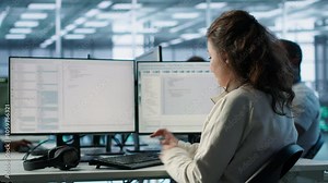 IT professional in server hub ensuring valuable data remains shielded from potential threats using PC. Employee safeguarding data center against unauthorized access and vulnerabilities, camera A