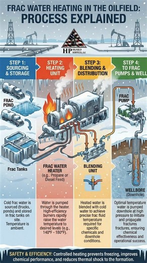❄️🔥 Ever wonder how frac water heating works in harsh winter conditions? Here’s a behind-the-scenes look at the process — from sourcing to heating to blending and pumping — all powered by the team at HP Oilfield Services. Cold temps, snow, ice, or wind… we keep your operation moving. 💪 Our controlled heating improves performance, prevents freezing, and ensures your frac site stays efficient and safe. Rain, Snow, or Shine — HP Delivers. #HPOilfieldServices #FracWaterHeating #WinterOperations #O