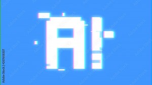 A big text message on a digital light blue screen with a heavy distortion glitch fx: AI (acronym for Artificial Intelligence). Stock Video