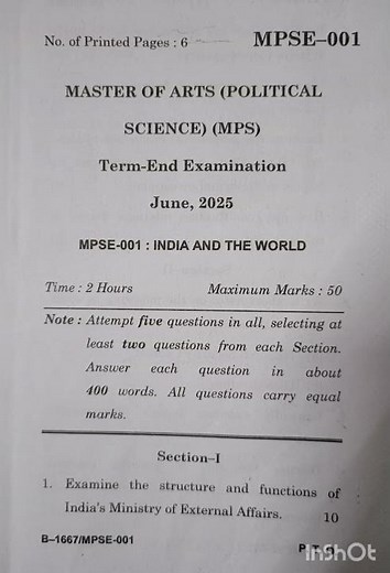 IGNOU Mps 2nd year 2025 june question paper ( MPSE 001)