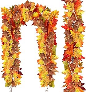Palonu 2 Pack Artificial Fall Garlands Maple Leaf, Hanging Vine Garland Artificial Fall Leaves Autumn Foliage Garland Thanksgiving Decor for Home Wedding Fireplace Party