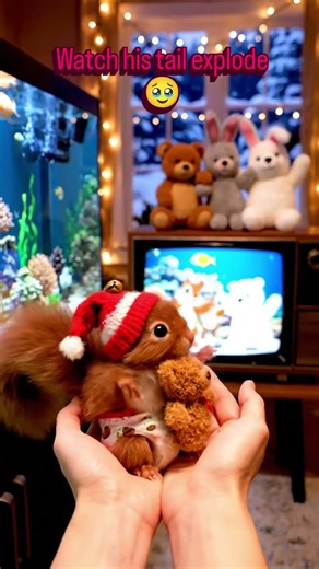 Wait 1 s… tiniest squirrel sees DANCING FRIENDS on TV 🥹🧸