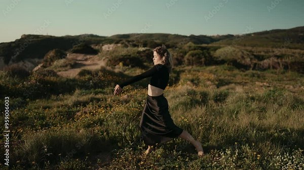 A full body length of a woman performing a conceptual dance in a beautiful, natural field with scenic landscapes in the background.