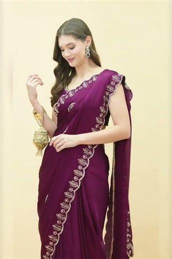 Elegant Plum Saree with Cutwork Border & Gold Bag 💜✨