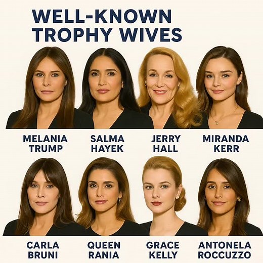 Here’s a list of well-known “trophy wives” — women who are (or were) married to famous, powerful, or ultra-wealthy men, and are often recognized for their beauty, influence, or public presence. Some are celebrities in their own right, others became famous through their high-profile marriages. 💎 Hollywood & Business Elite Melania Trump – Former First Lady of the U.S., ex-model, wife of Donald Trump. Salma Hayek – Actress and producer, wife of François-Henri Pinault (billionaire CEO of Kering). J