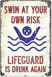 Pool Sign-'Swim at Your Own Risk'-Vintage Metal Funny Metal Signs for Decor Outdoor,Funny Pool Sign for Outside 8x12 Inch