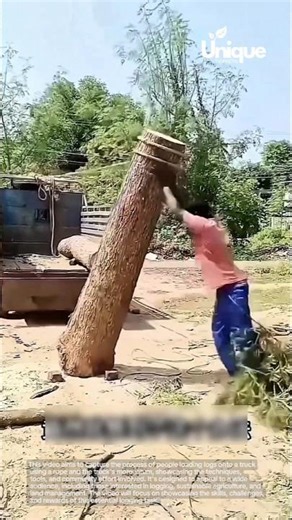 Loading logs onto a truck: people loading logs onto a truck using a rope