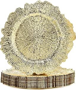 C Hello Yuner 13 Inch Gold Charger Plates，Plate Chargers Set of 12，Round Plastic Reef Plate Gold Chargers for Dinner Plates, Wedding, Party Decoration and Special Eevents（Gold 12）