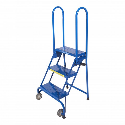 Ballymore Lock-N-Stock 3-Step Blue Heavy-Duty Steel Folding Mobile Step Ladder with 16" Wide Steps, 7" Deep Top Step, and 22" Handrails LS3247 - 350 lb. Capacity