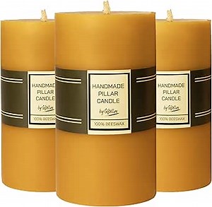 100% Pure Beeswax Pillar Candle Set of 3-21 Hours Lasting Smokeless Pillar Candles with Cotton Wick - Unscented Candle Lover Gift - Dripless Beeswax Pillars