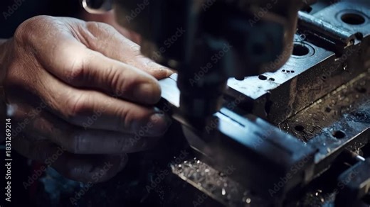 Medium shot showing operator carefully aligning metal for coining technique applying full force for sharp accurate bends.