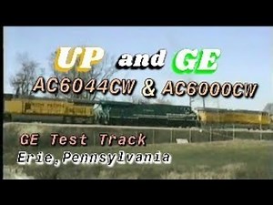 UP AC6044CW's and GE AC6000CW Green Machine demo on GE test track. Erie, PA. 12-20-95. Time 3:00 pm.