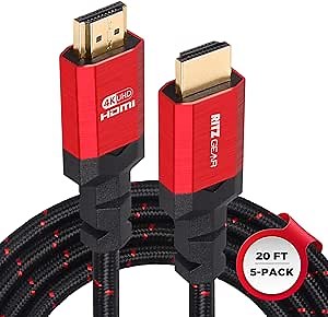 Ritz Gear 4K HDMI 2.0 Cable 20 ft. [5 Pack] 18 Gbps Ultra High Speed Braided Nylon Cord & Gold Connectors - 4K@60Hz/UHD/3D/2160p/1080p/ARC & Ethernet. Compatible with UHD TV/Monitor/PC/PS5/Xbox