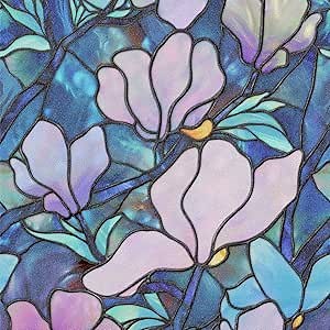 funlife Double-Sided Privacy Floral Stained Glass Window Film, Removable Frosted Texture Flower Static Window Cling Glass Covering Window Decor, Winter Blue Magnolia 16.9"x113"