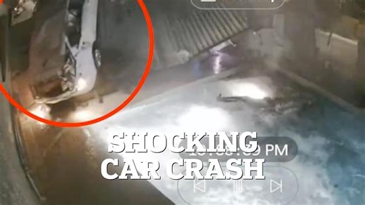 Moment car crashes through a home before landing in swimming pool