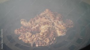 Aromatic smoky smoked octopus cooking slowly on an open flame barbeque grill, cinematic handheld arc motion capturing the details of the suction cups on the arms.