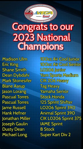 Congratulations to our 2023 Eligible Road Race National Champions. We reach out to all award recipients shortly for award distribution. #wka #LetsGoKarting | World Karting Association