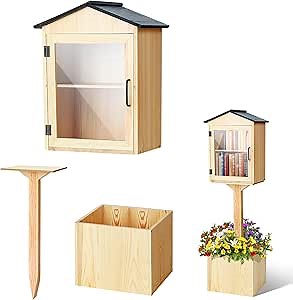 Wonderjune Little Library Box Outdoor, Durable Weatherproof Solid Wood Book Exchange Box with Floor Plugs and Small Flower Fence for Community, Literature, School Sharing Book(Natural Wood,Steepletop)