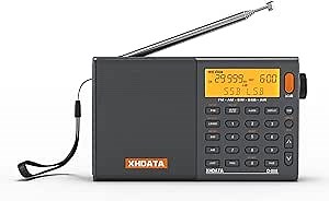 XHDATA D808 Portable AM FM SW LW Air Band Radio SSB RDS Multi Band Radio Speaker with LCD Display Alarm Clock External Antenna (Grey)