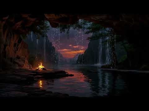 Rainstorm in Cave with Warm Fire | Relaxing Nature Sounds for Meditation 🌿