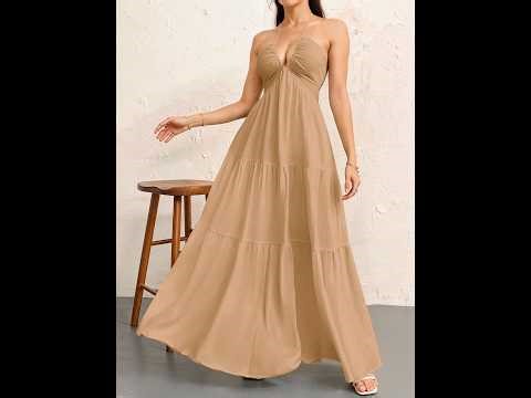 Backless Halterneck V Neck Pleated A Line Maxi Dress