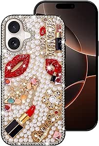 Bling Case for iPhone 16 Plus,Shiny Luxury Designer Phone Case with Glitter Sparkle Diamond Crystal Rhinestone Lips Lipstick Pearl Flowers High Heels，Soft Bumper Cover for Women Girl