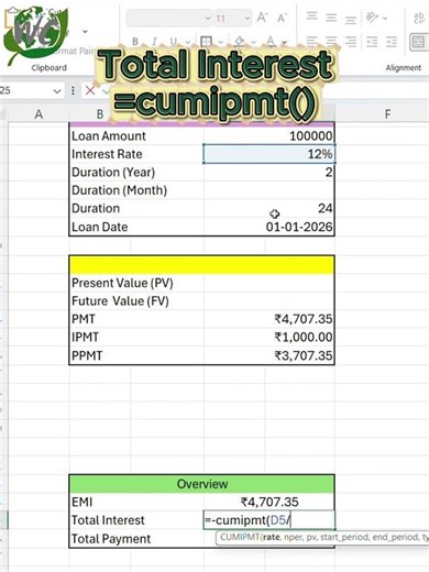 Loan Schedule Total Interest #Excel #CUMIPMT #LoanSchedule #EMI #Shorts #pmt #total interest #ipmt
