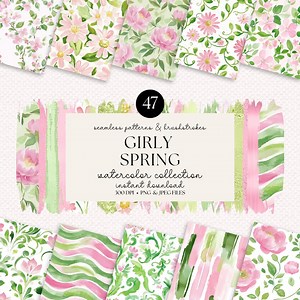 Girly Spring Watercolor Paper Bundle: Floral Seamless Patterns (digital Download) - Etsy