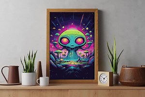 Digitaldruck eines psychedelischen Alien – Wandbild im Comic-Stil