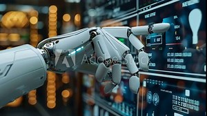 A robotic arm interacts with digital displays, managing data in a high-tech control room setting.