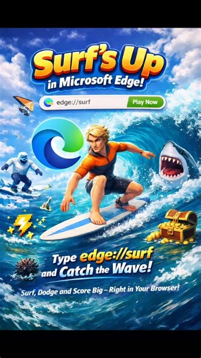 ByteNova on Instagram: "🎮 Hidden Game in Microsoft Edge! 🌊 Did you know you can play a surfing game right inside your browser? 👉 Open Microsoft Edge 👉 Type edge://surf in the address bar 👉 Press Enter and start surfing 🏄‍♂️ No download. No internet. Just pure fun 😎 Challenge your friends and beat the high score! #MicrosoftEdge #EdgeSurf #HiddenGame #BrowserGame #TechTips"