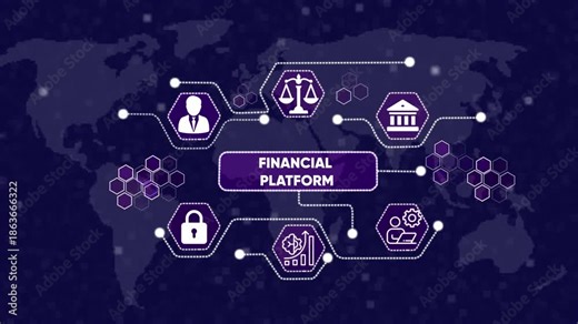 Financial Platform Concept with Icons and World Map. Seamless loop technology network background concept . Futuristic digital technology animated background concept.