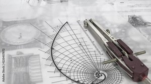 Blueprints - compass and drawing of the golden section and drawings of antique decorative elements of architectural orders / seamless looping