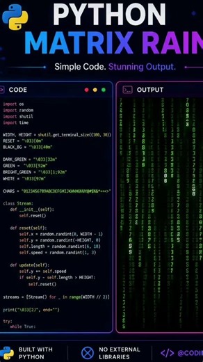 💚 Bring the iconic Matrix Rain to life using pure Python—no external libraries required!