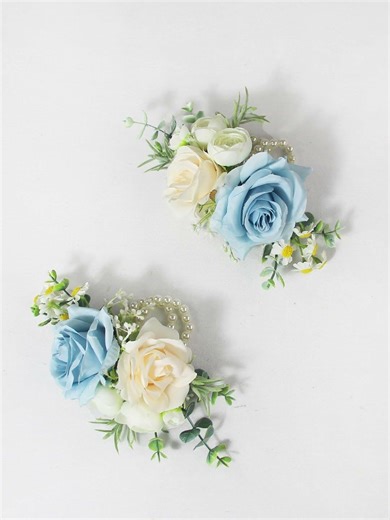 Rinlong Baby Blue & Champagne Wrist Corsage. #wristcorsage