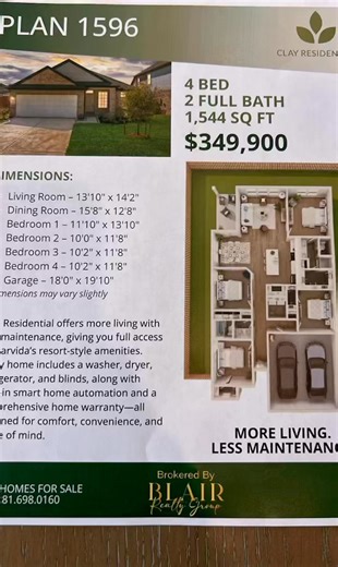 Clay Residential Homes Plan 1596 4 Bedrooms 2 Full Baths 1544 SQ FT Energy Saving and Smart Features Pre-wired for EV Charging in the garage Full Rain Gutters Wireless Phone Charger in Kitchen Island USB Charging Outlets in All Bedrooms Moen Chrome Fixtures Clay Care Program - Low Maintenance Living And So Much More!!! #blairrealtygroup #morelivinglessmaintenance #alysiarobertsonrealestate #letsmakeithappen | Clay Residential at Marvida | Facebook