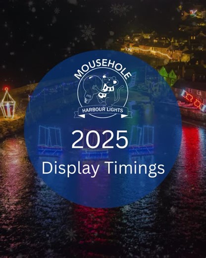2025 Mousehole Lights Timings Switch on- 5pm 11th December Switch off - 3rd January 19th December - The lights, expect for the Island Cross, Cross and Angels and RNLI sign will be switched off at 8pm for the remainder evening in remembrance of the Penlee Lifeboat Disaster. 🎄✨🎁🎅 Background photo - @droneman.cornwall #merrychristmas #December #mouseholeharbourlights #mousehole #mouseholelights #mouseholeharbour #cornwall #ukchristmaslights #cornwall | Mousehole Harbour Lights
