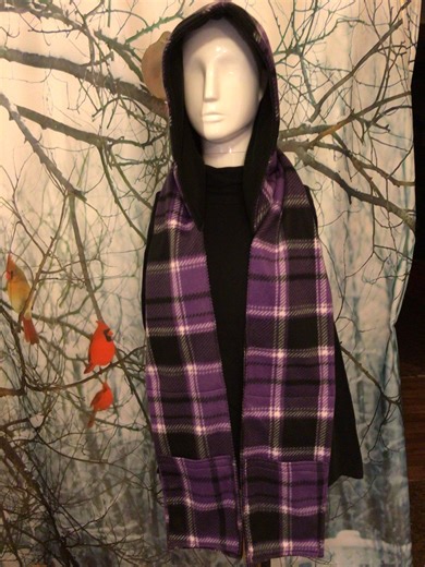 Hooded Purple and Black Fleece Hidden Pocket Scarf - Etsy