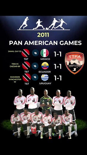 #TB Trinidad and Tobago's Under 23 team drew each of their three Group A Matches 1-1 with hosts Mexico, Ecuador and Uruguay at the 2011 Pan American Games in Guadalajara, Mexico. However despite being undefeated, it was not enough to take T&T through to the Knockout phase. The Starting team against Mexico here shows Back Row - Aquil Selby,Jamal Gay, Andre Marchan, Leslie Russell,Kareem Moses Front Row - Micah Lewis, Mekeil Williams, Sheldon Bateau (Capt), Jayson Joseph, Kevin Molino and Joevin J