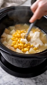 Corn and Potato Chowder Recipe Ingredients 3 cups frozen diced hash brown potatoes (about 1/2 of a 32 oz bag) 2 (15 oz) cans corn, drained 4 cups chicken or vegetable broth 1 (10.5 oz) can condensed cream of chicken or cream of celery soup 1 cup shredded cheddar cheese Directions Add the frozen diced hash brown potatoes and drained canned corn to the slow cooker, spreading them out evenly. Pour in the chicken or vegetable broth, then add the condensed cream soup. Stir everything together until t