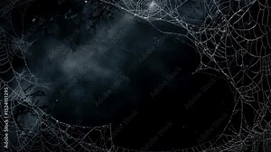 Spooky spider web and fog on black background. Animation of the appearance of a white web on a black screen. Video transition with spider web in 4K with alpha channel. Halloween effect for overlay.