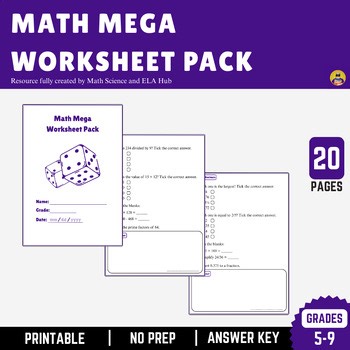 Math Mega Worksheet Pack (Grades 5–9) | Algebra, Geometry, Fractions   More!
