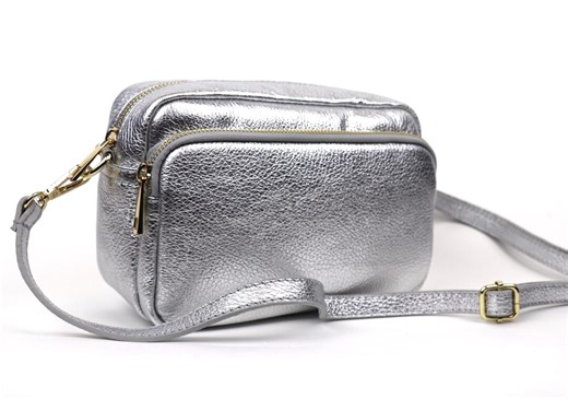 Italian Leather Crossbody Bag: Silver Pebbled Leather, Detachable Strap - Etsy