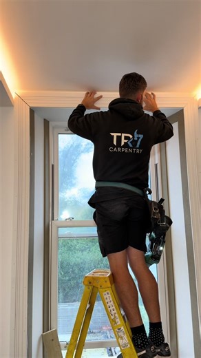 Window reveal. This dressing room project is nearly there! A large window finished with MDF panelling, pine beading, chunky architrave, and a solid oak window cill. Can’t wait to see the final result. #foryou #carpentry #reel